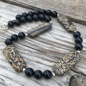 Cheetah Flock Leopard Jasper Natural Black Onyx  Sterling Silver 925 Necklace